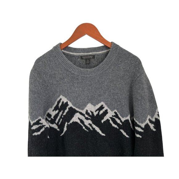 Banana Republic Mens Mountain Design Sweater L Gray & Black Wool Blend Crewneck - Picture 2 of 7